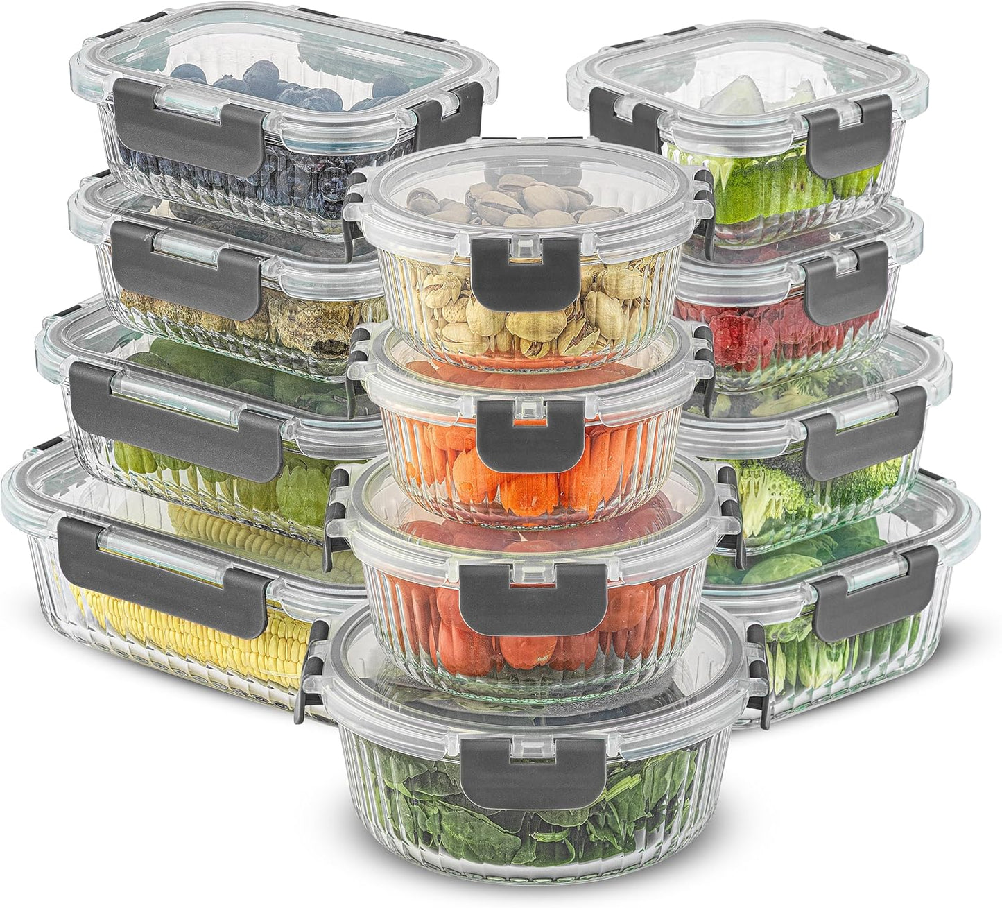 JoyJolt 24pc Borosilicate Glass Storage Containers with Lids | 12 Airtight/Freezer Safe Food Storage Containers for Pantry and Kitchen | Meal Prep Container for Lunch | Glass Tupperware Set