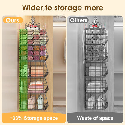 Deeper 4'' Design 5 Tier Foldable Hanging Closet Organizer and Storage，Wire Cabinet Shelves and Rack with 5 S Hooks,Stackable Metal Basket Bins for Clothes Shoe Purse,Holder for Wardrobe Dorm,Black