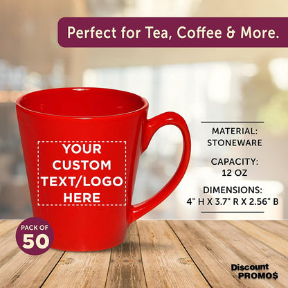 DISCOUNT PROMOS Custom Glossy Ceramic Latte Coffee Mug 12 oz. Set of 50, Personalized Bulk Pack - Perfect for Tea, Espresso, Cappuccino, Hot Cocoa - Red