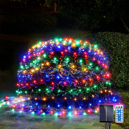 WBao Solar Christmas Lights Outdoor 200LED 8.4ft x 5.2ft Christmas Net Lights with Remote, 8 Lighting Modes, Timer, Waterproof for Lawn, Bushes, Shrubs, Trees Outdoor Christmas Decorations, Multicolor