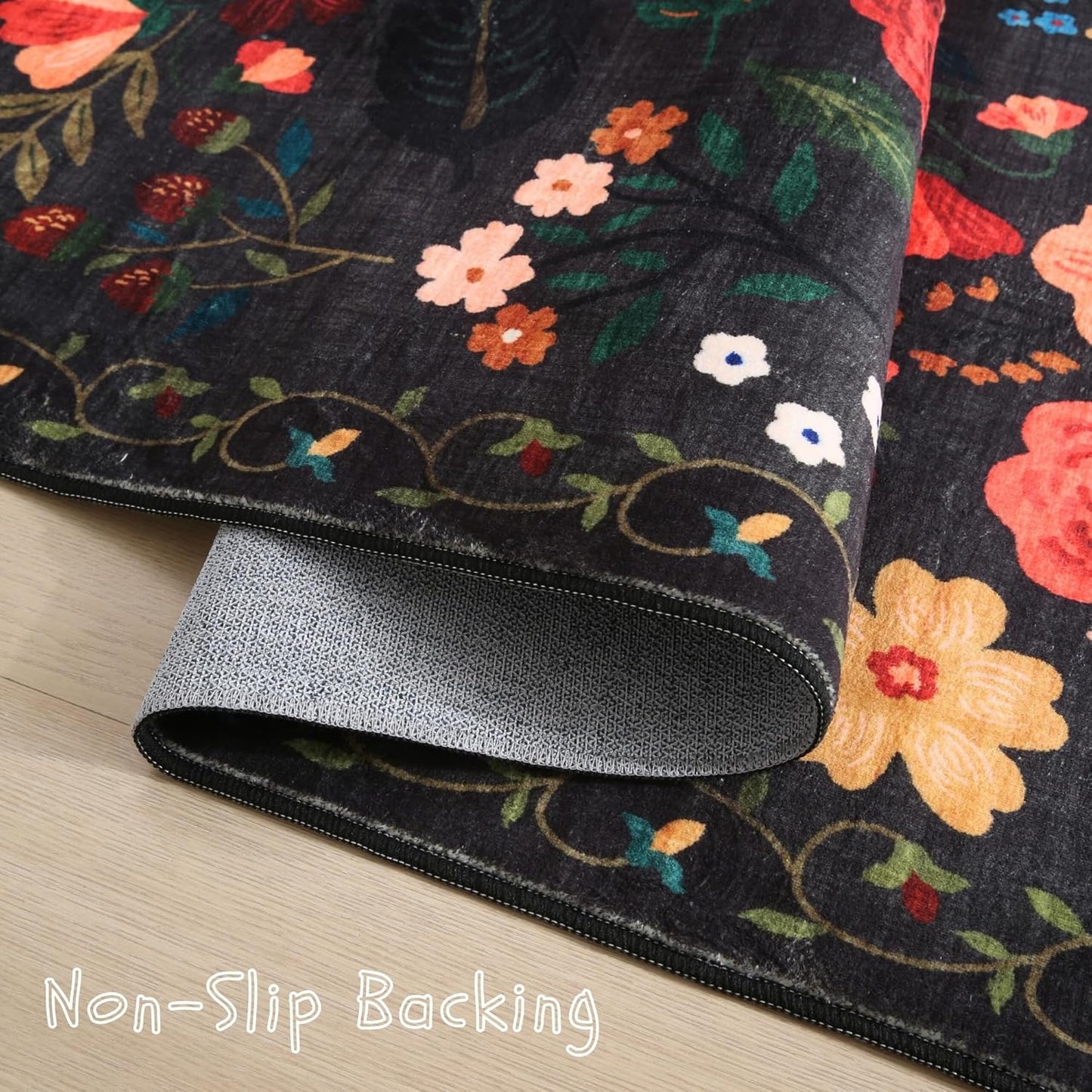 Area Rugs 9x12 Living Room Clearance Washable Boho Rug Non Slip Floral Vintage Low Pile Large Rug for Living Room, Bedroom, Farmhouse, Dining Room, Kids Playroom(Black)