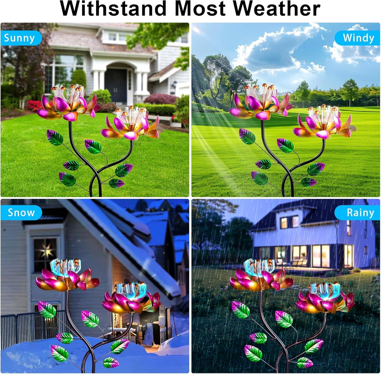 55'' Solar Powered Kinetic Wind Spinner Sculpture Pink Lotus Metal Stake Spinner for Patio, Lawn and Garden Decor Weather-Resistant Outdoor Art with Dual Lotus Design