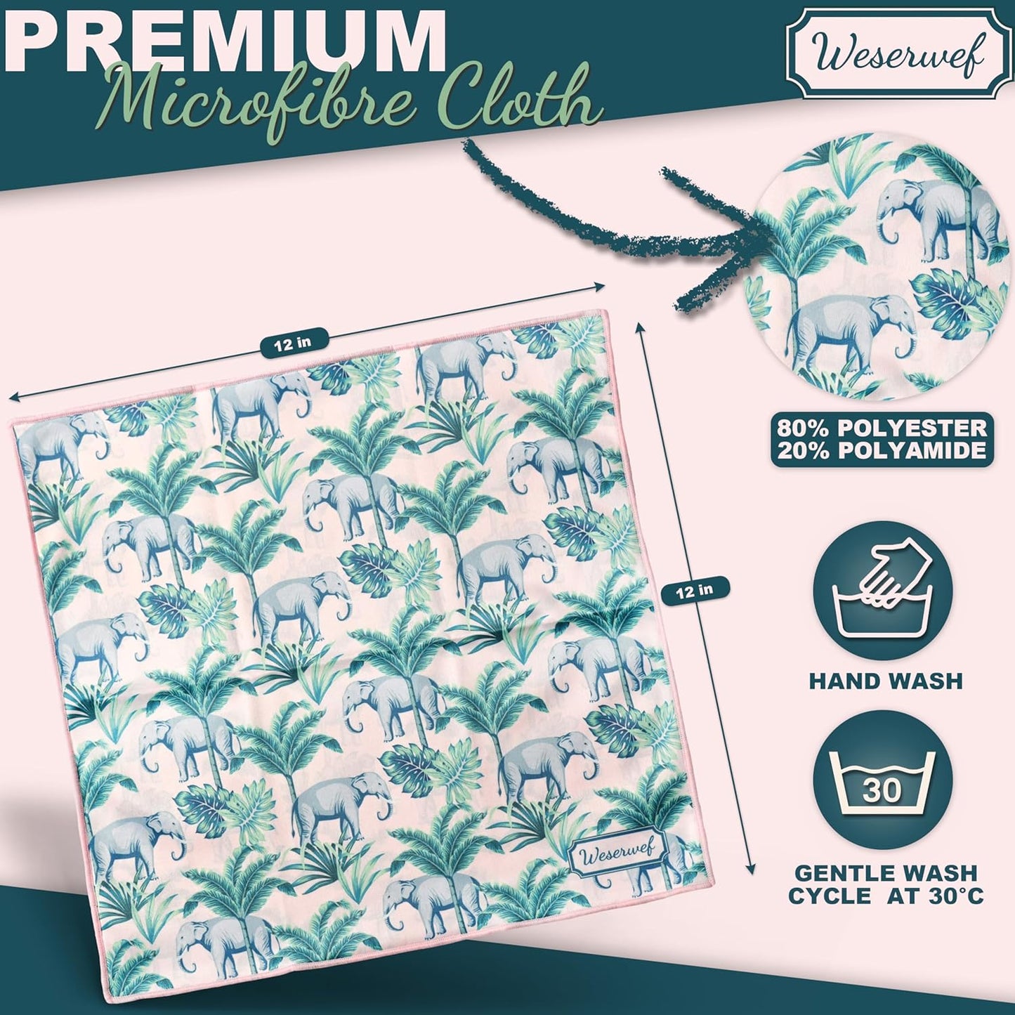 WESERWEF Design Microfiber Glasses Cleaning Cloth – Premium Cleaning Cloth for Eyeglasses, Screens, Tablets, Cameras & Lenses, 12" x 12", Ultra-Soft & Scratch-Free (Elephant)