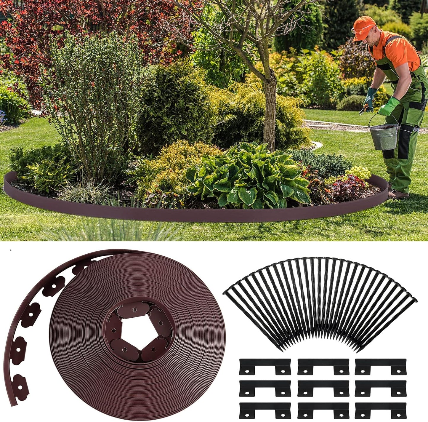 Queekay Landscape Edging Kit 148 ft with 70 Spikes 20 Connectors Plastic Border for Garden, Lawn, Yard, Pathway(Brown,2 Inch)