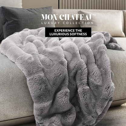 Mon Chateau 60" x 70" Faux Fur Throw Blanket - Reversible Soft Blanket for Queen-Size Bed, Couch, or Sofa, Cozy Home Decor and Stylish Living Room Comfort in Grey