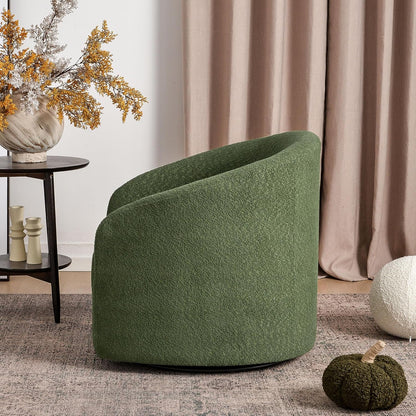 KINWELL 32" Wide Modern Boucle Swivel Barrel Chair, No Assembly Round Upholstered Swivel Accent Armchair for Living Room, Bedroom, Office (Green)