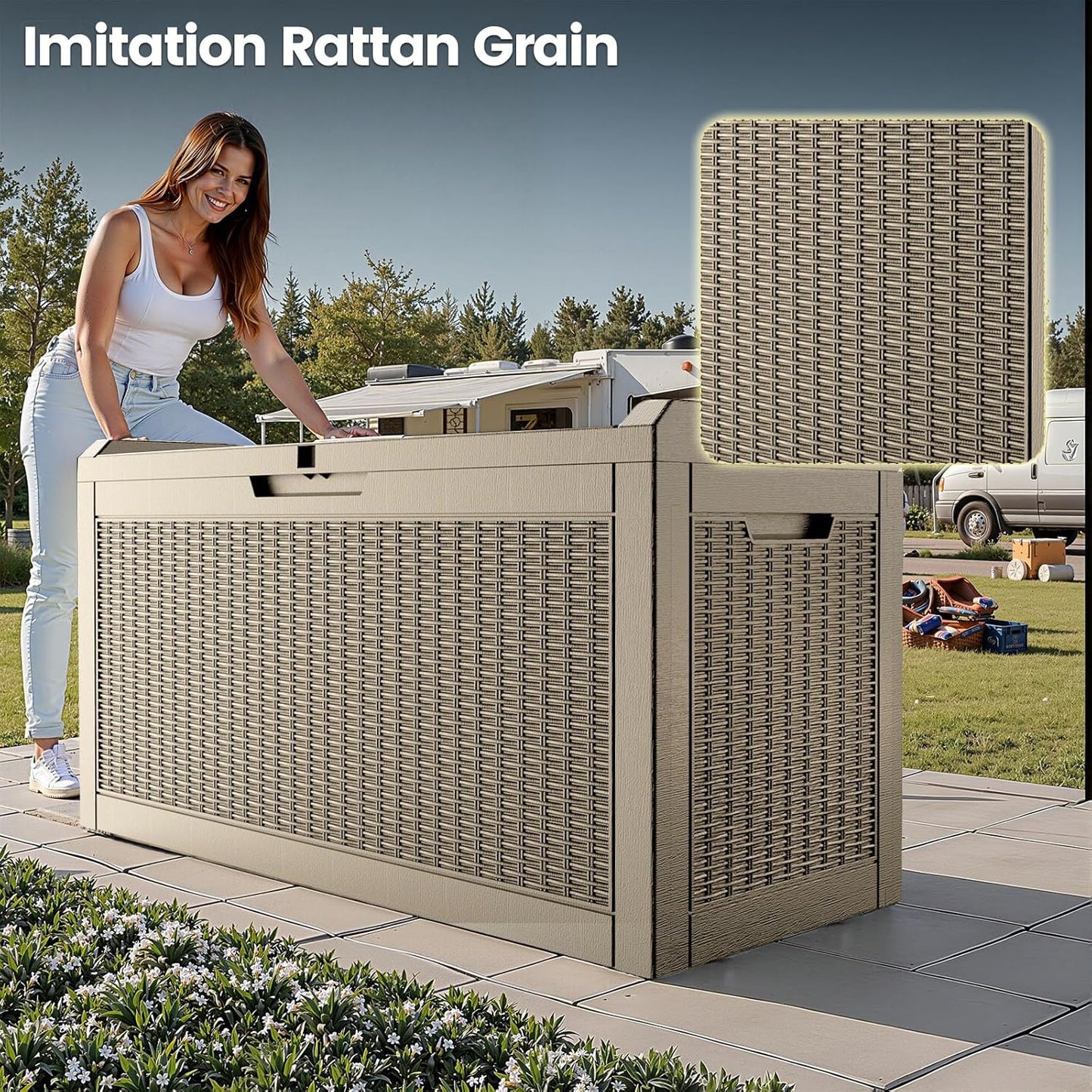 60 Gallon Outdoor Storage Box - Waterproof Resin Rattan Deck Bin for Indoor & Outdoor Use - Lockable & UV Resistant - Ideal for Package Storage, Patio Cushions & Gardening Tools, Brown