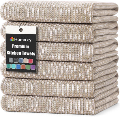 Homaxy Premium Kitchen Towels(18”x 28”, 6 Pack), Large Cotton Kitchen Hand Towels, Flat and Terry Dish Towels, 380 GSM Highly Absorbent Tea Towel Set with Hanging Loop, Khaki
