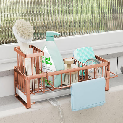 SWTYMIKI Sponge Holder for Kitchen Sink - Sink Caddy with Brush Holder Self-draining Sponge Caddy Organizer with Divider Stainless Steel Kitchen Accessories Storage for Countertop, Rose Gold