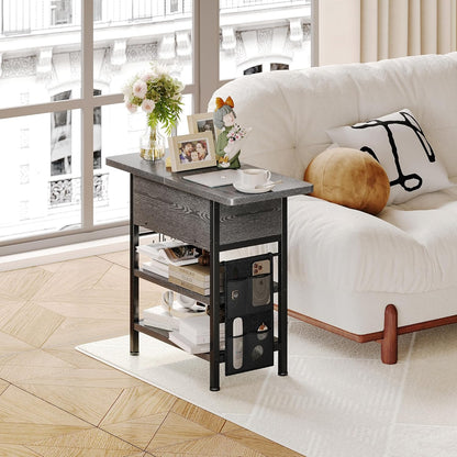 End Table with Charging Station, Flip Top Nightstand with USB Ports and Outlets,Couch Side Table with Fabric Bag and Hooks, Bedside Table for Space Saving, Living Room, Bedroom (Grey)