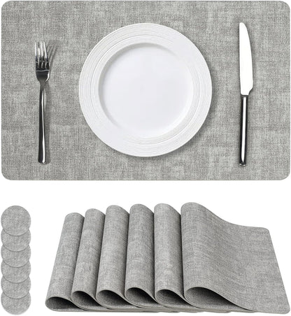 Vinyl Placemats Set of 6, Faux Leather Waterproof and Heat Resistant Place Mats, Washable Anti-Slip Table Mats with Coaster, Wipeable Placemats for Indoor & Outdoor 17" x 12" (Light Grey, Set of 6)