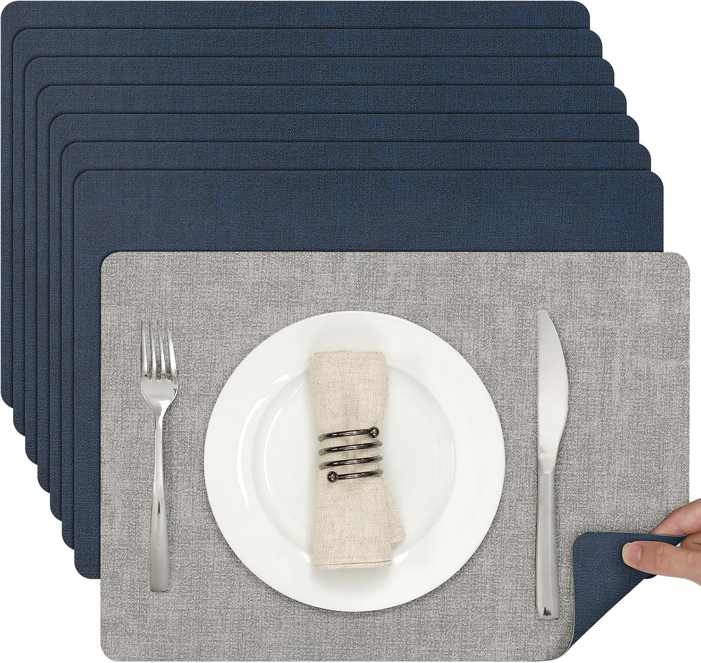 Myir JUN Placemats Dual Sided, Faux Leather Place Mats Indoor Set of 8 for Dining Table Non-Slip Washable Placemat Heat Resistant Outdoor Table Mats (Set of 8, Gray Blue)