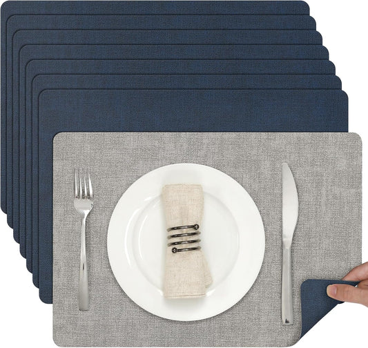 Myir JUN Placemats Dual Sided, Faux Leather Place Mats Indoor Set of 8 for Dining Table Non-Slip Washable Placemat Heat Resistant Outdoor Table Mats (Set of 8, Gray Blue)