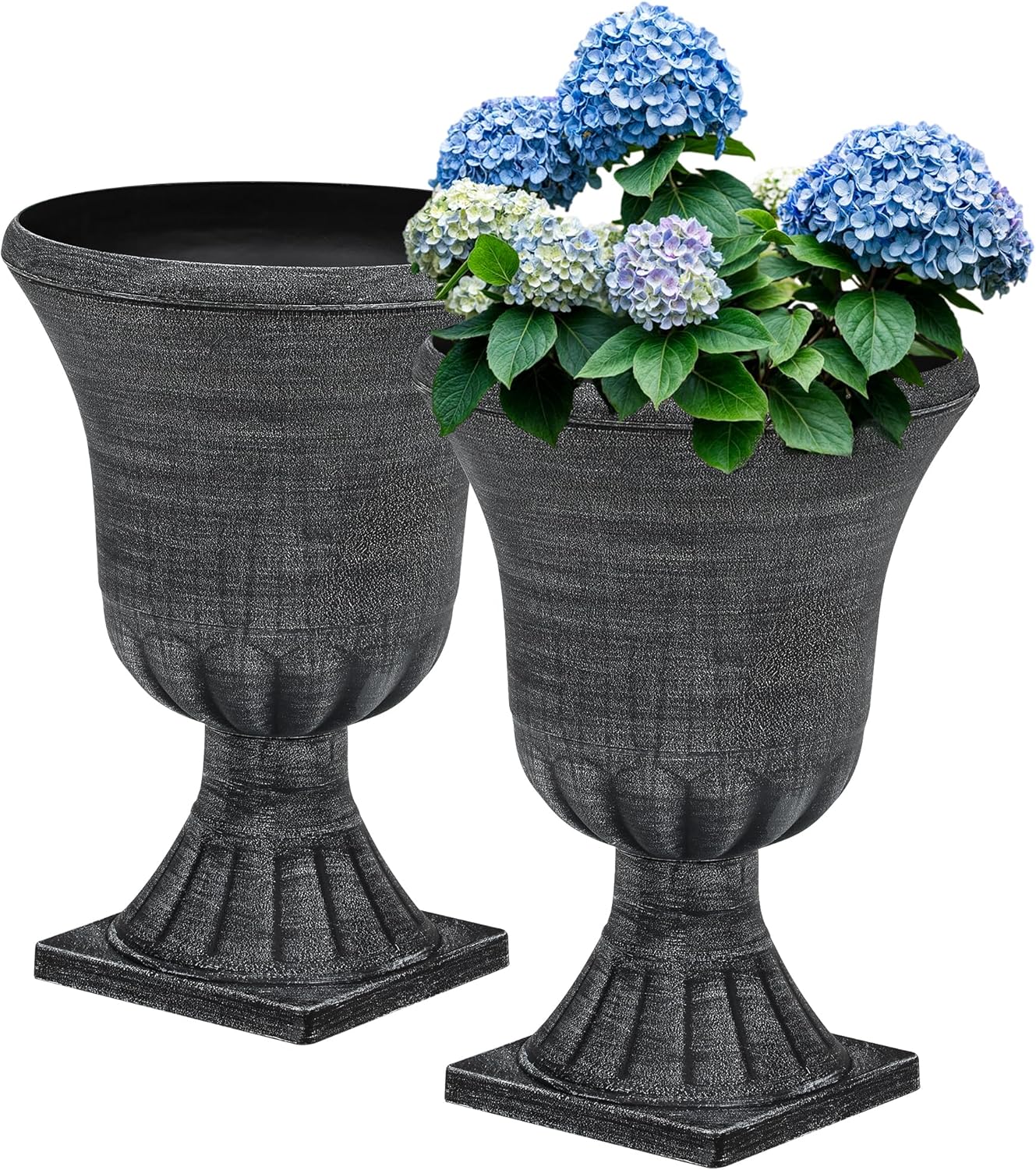22" Large Urn Planters for Outdoor Plants, Set of 2 Plastic Flower Pot with Handmade Washed Black Finish, Weather-Resistant for Porch, Garden, Patio or Indoor Use