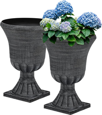 22" Large Urn Planters for Outdoor Plants, Set of 2 Plastic Flower Pot with Handmade Washed Black Finish, Weather-Resistant for Porch, Garden, Patio or Indoor Use