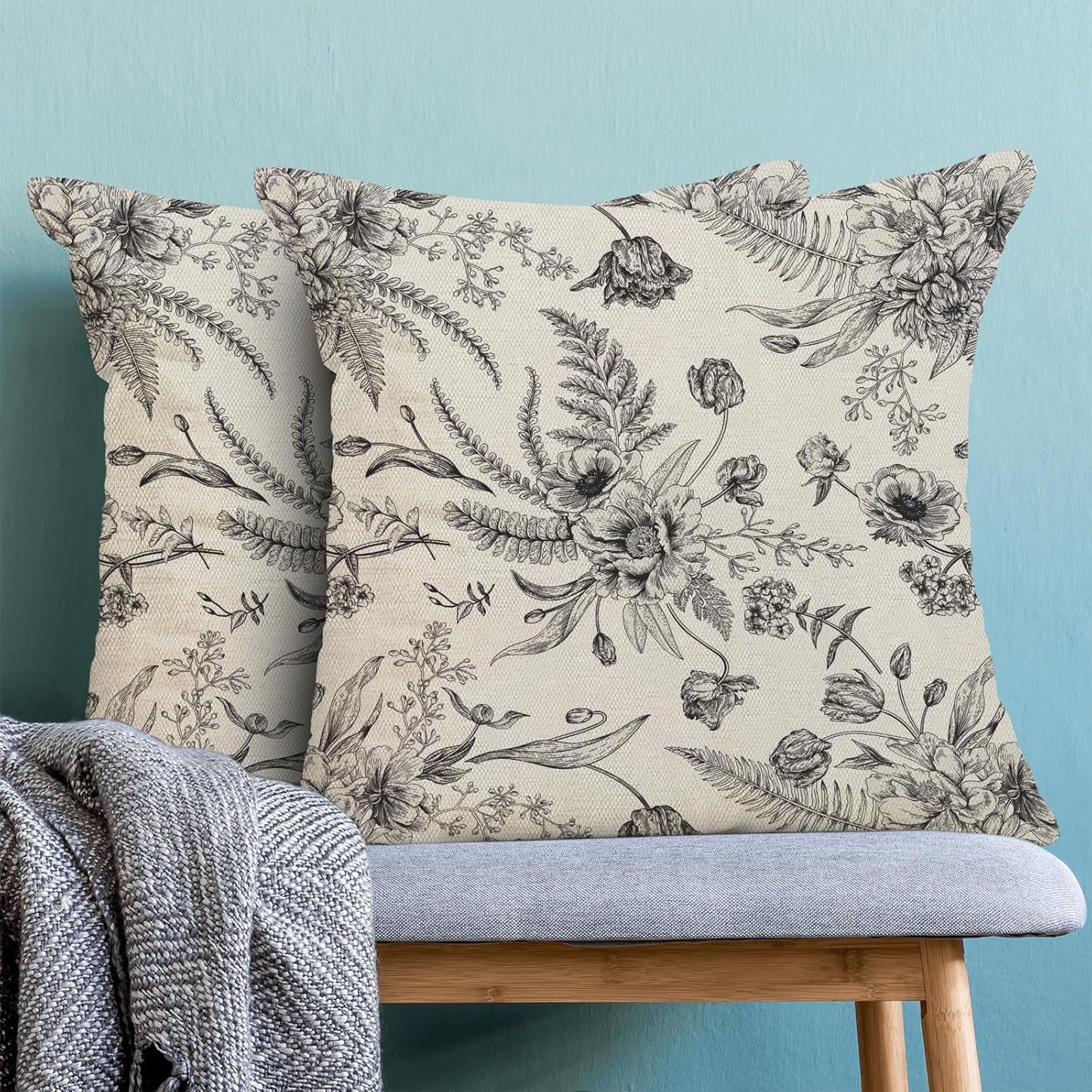 CXMEIFLY Spring Floral Leaves Pillow Covers 24 x 24 Inch Set of 2 for Chinoiserie Flowers Decor Throw Pillows Black and White Seasonal Plant Outdoor Decorative Cushion Cases for Couch Bed Decorations