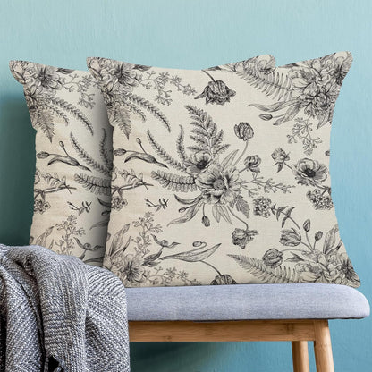 CXMEIFLY Spring Floral Leaves Pillow Covers 18 x 18 Inch Set of 2 for Chinoiserie Flowers Decor Throw Pillows Black and White Seasonal Plant Outdoor Decorative Cushion Cases for Couch Bed Decorations