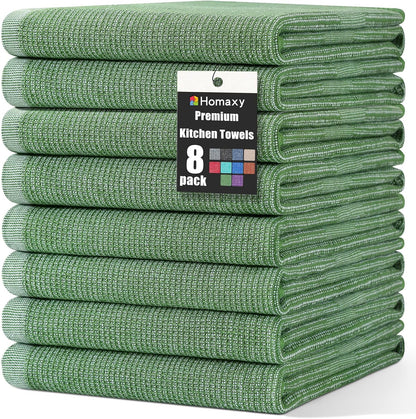Homaxy Premium Kitchen Towels(18”x 28”, 8 Pack), Large Cotton Kitchen Hand Towels, Flat and Terry Dish Towels, 380 GSM Highly Absorbent Tea Towel Set with Hanging Loop, Grass Green