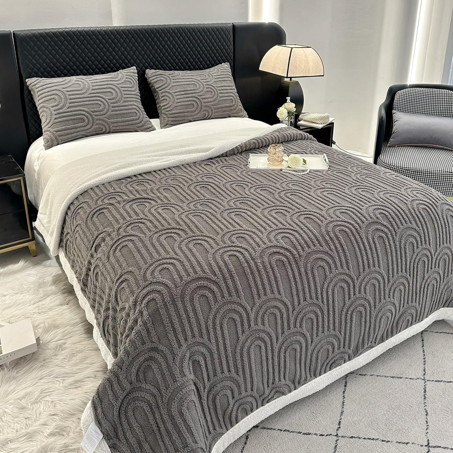 UKELER Fleece Bed Blanket 80 × 90 inch, Ultra Soft Queen Size Throw Blanket for All Season, Cozy Plush Arch Sherpa Blankets for Bedroom Living Room Dorm Hostel Sofa Camping, Dark Grey