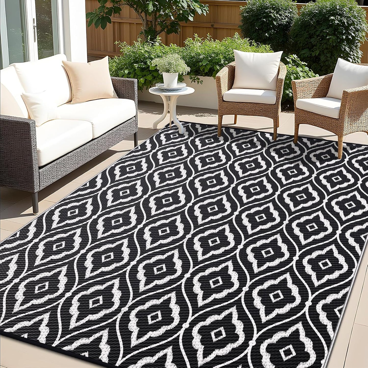 OLANLY Outdoor Rug 5x8 ft Waterproof, Outdoor Plastic Straw Rug with Geometric Pattern Clearance, Reversible RV Mat for Patio, Camping, Balcony, Deck, Backyard, Black & White