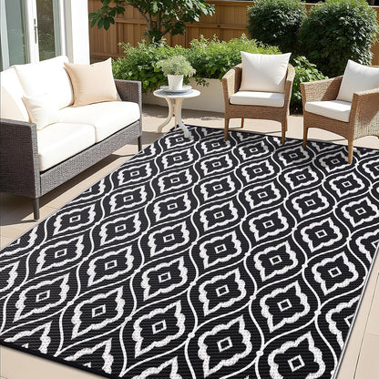 OLANLY Outdoor Rug 5x8 ft Waterproof, Outdoor Plastic Straw Rug with Geometric Pattern Clearance, Reversible RV Mat for Patio, Camping, Balcony, Deck, Backyard, Black & White