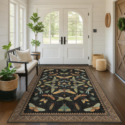 Washable 5x7 Black Rug for Living Room - Foyer Rugs for Entryway, Bedroom, Home Office, Gothic Witchy Insect Bug Floral Retro Indoor Décor