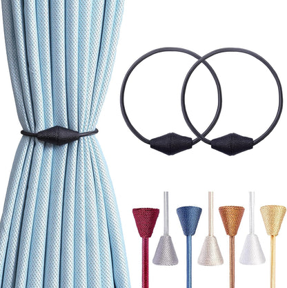 2 PCS Magnetic Curtain Tiebacks, European Style Convenient Drape Tie Backs Holdbacks for Thin or Thick Home & Office Window Draperies, No Tools Required-Black