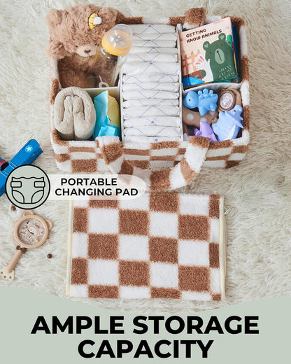 Checkered Diaper Caddy Organizer with Portable Changing Mat - Teddy Fleece Diaper Organizer for Changing Table - Caddy Organizer with Removable Dividers - Light Taupe and White