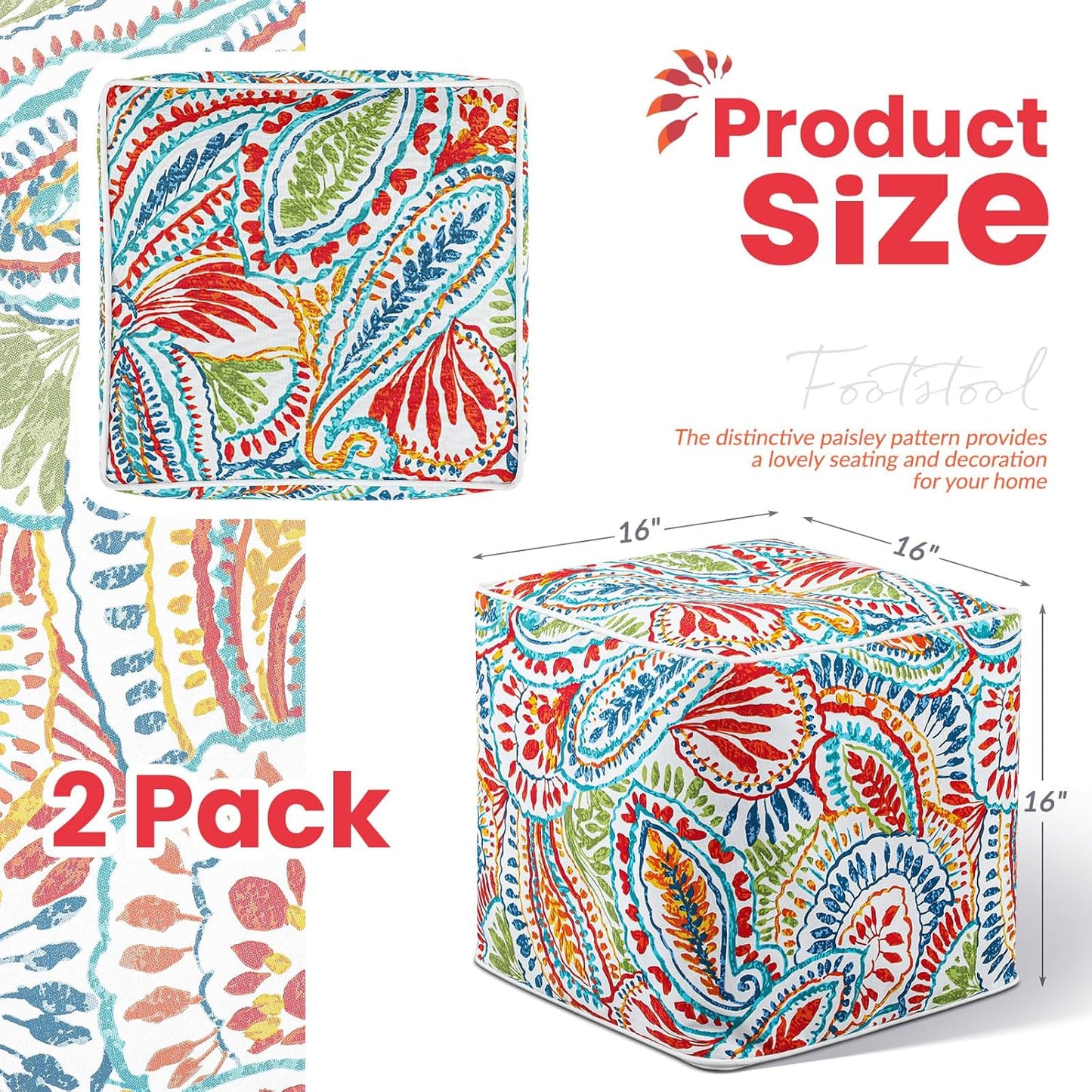 Juexica 2 Pack Ottoman Poufs Indoor Outdoor Inflatable Ottoman Stool Cube Pouffe Square Footstool with Handle for Patio Garden Home Boho Decorative Living Room, Bedroom(16 x 16 x 16 Inches)