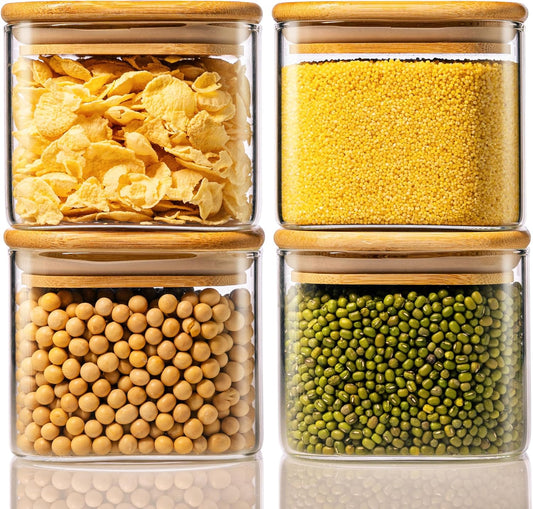 21oz - 4 Pack Square Glass Jars with Bamboo Lids, Glass Food Storage Containers with Airtight Lids, Air Tight Pantry Storage Containers for Coffee, Sugar, Spice, Meal Prep Jars for Salad & Fruit