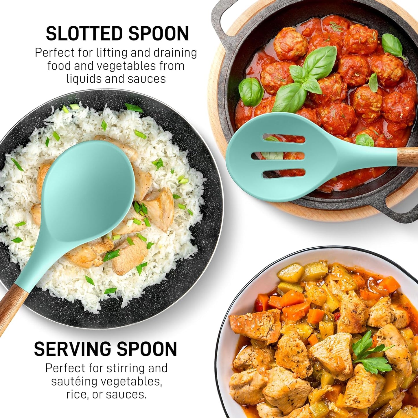 Zulay Kitchen Non-Stick Cooking Utensils Set with Authentic Acacia Wood Handles – 5-Piece Durable & Stylish Silicone Kitchen Utensils Set – Heat Resistant to 464°F – Aqua