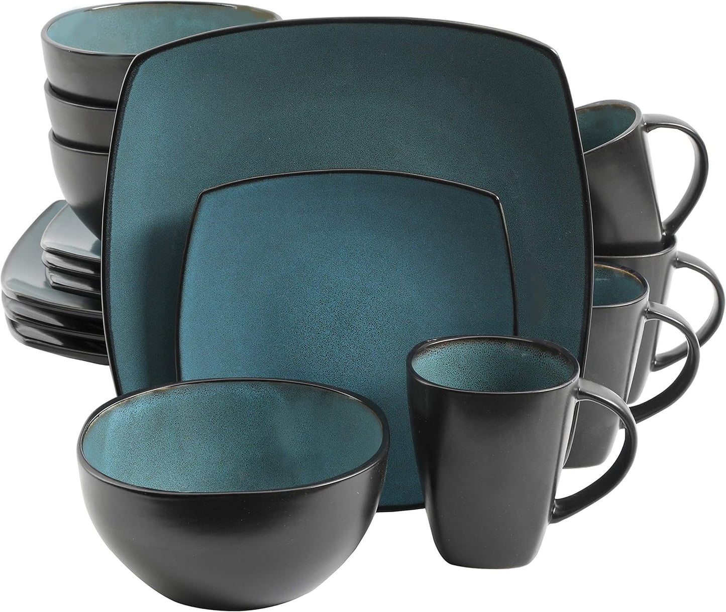 Gibson 99813.16R Elite Soho Lounge 16 Piece Reactive Glaze Dinnerware Set, Teal/Black Tutone