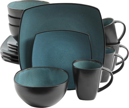 Gibson 99813.16R Elite Soho Lounge 16 Piece Reactive Glaze Dinnerware Set, Teal/Black Tutone