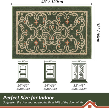 BEQHAUSE Dirt Trapper Door Mat 32" x 48", Non-Slip Entryway Rugs Washable, Floor Mat Stain Resistant and Absorbent Welcome Mat for Front Back Door, Muddy Wet Shoes & Paws, Green and Vining Floral