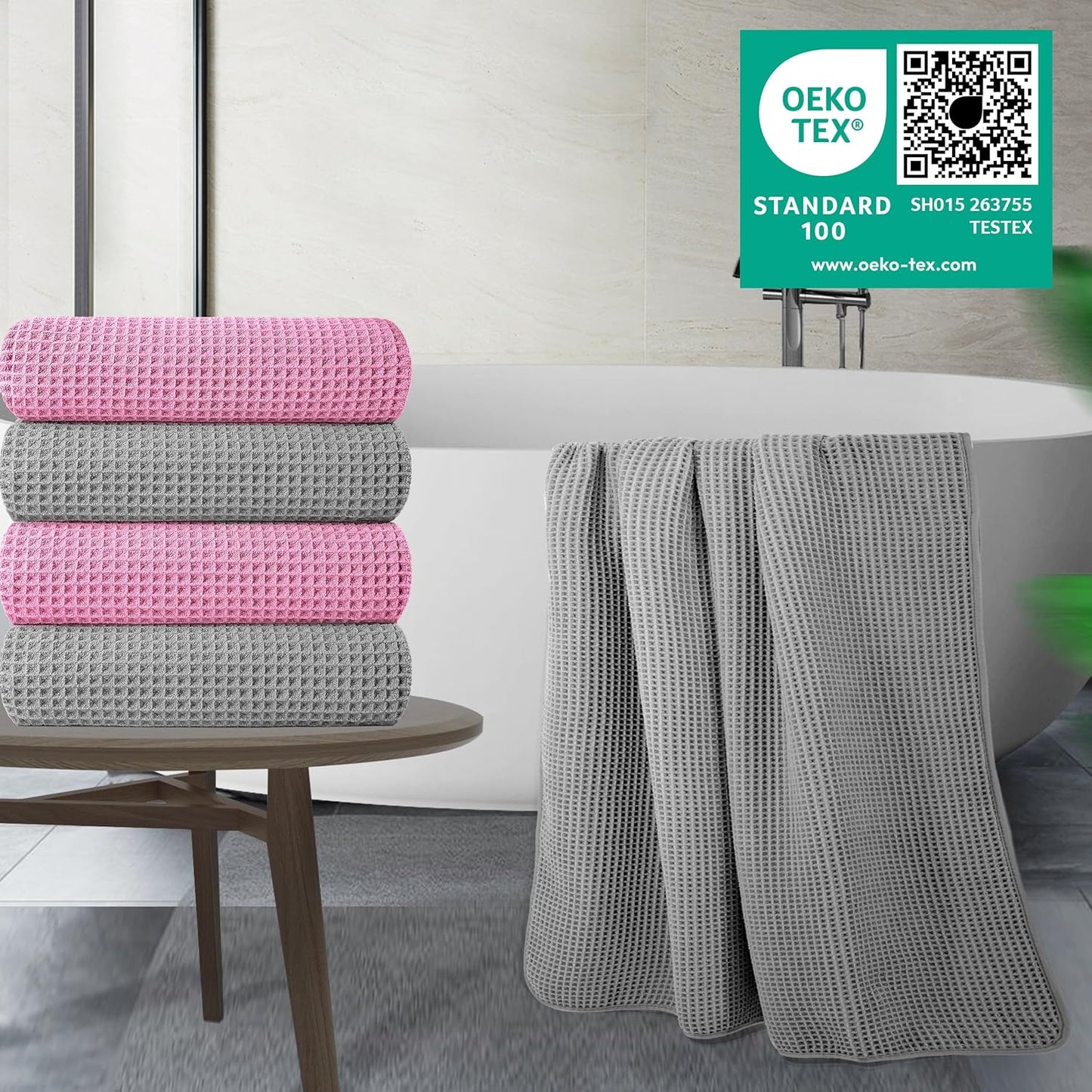 POLYTE Microfiber Oversize Quick Dry Lint Free Bath Towel, 60 x 30 in, 4 Pack (Waffle Weave)