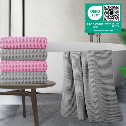 POLYTE Microfiber Oversize Quick Dry Lint Free Bath Towel, 60 x 30 in, 4 Pack (Waffle Weave)