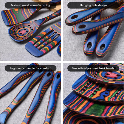 Heat-Resistant Wood Cooking Utensils - 7pc Set, Eco-Friendly, Includes Spatula, Pasta & Slotted Spoons, Essential Kitchen Tool