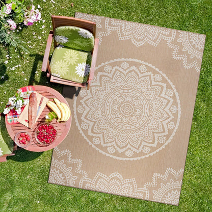CAMILSON Outdoor Rug 5x7 Modern Area Rugs for Indoor and Outdoor Patios and Porches - Waterproof, Washable, Non-Shedding, Easy-to-Clean Outside Carpet (5 x 7, Medallion - Beige/White)