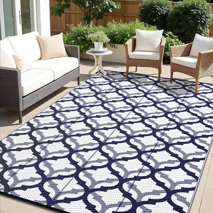 OLANLY Reversible Outdoor Rug 9x12 ft Clearance, Waterproof Outdoor Plastic Straw Rug with Interlacing Pattern, RV Mat for Patio, Camping, Balcony, Deck, Backyard, Navy & White