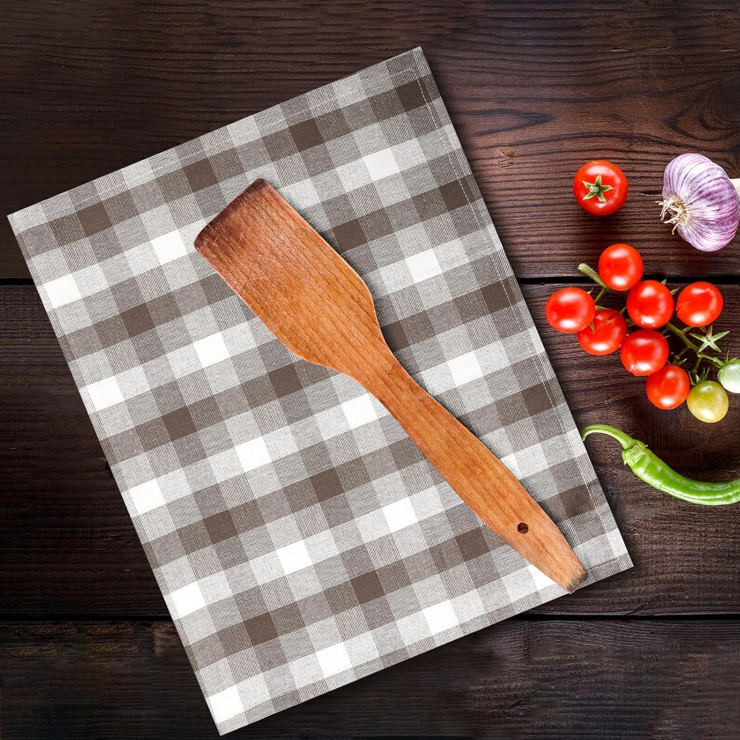 Kitchen Towels Set of 6 Brown/Ivory Checks 20x30 Inches 100% Cotton Highly Absorbent Kitchen Towels Premium Quality Ultra Soft Mitered Corners