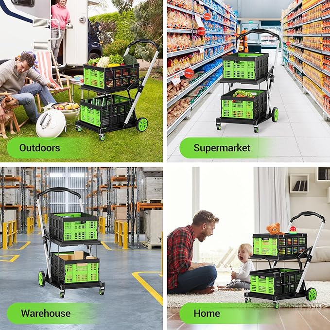 Collapsible Shopping Cart, 8-in-1 200LBS Multi Functional Utility Cart with 2 Storage Crate,Adjustable Handle Grocery Cart on Wheels for Shopping/Warehouse/Office/Supermarket -Green