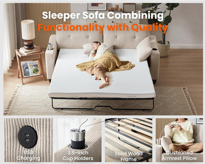 Pull Out Sofa Bed, Full Size Sleeper Sofa, 2-in-1 Convertible Corduroy Couch with USB Charging, Memory Form Couch for Living Room, Apartment and Small Space (Corduroy Beige, Queen Size)