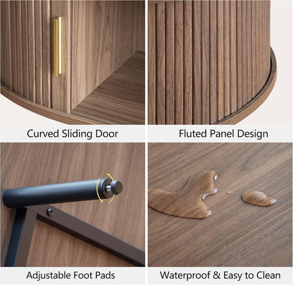 Mid Century Modern Coffee Table, 47.2" Oval Fluted Coffee Table with Storage and Sliding Doors, Minimalist Tea Table with Wood Grain Veneer, Retro Center Tables for Living Room, Walnut