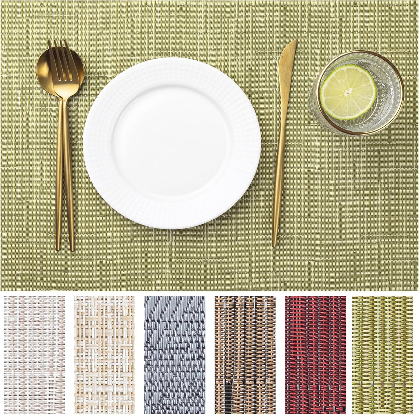 LEXMORE Placemats Set of 6 Vinyl/Plastic Woven Place Mats for Kitchen Table Indoor/Outdoor Washable Placemat Wipeable Dining Table Mats(Pea Green)