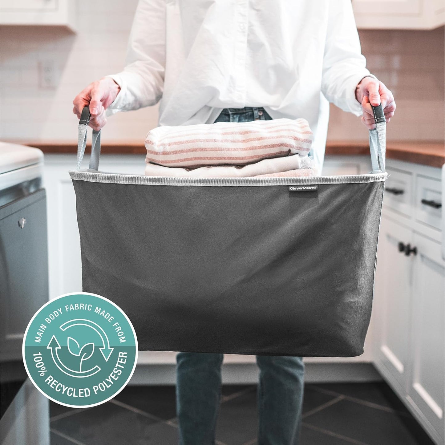 CleverMade Collapsible Laundry Basket Hamper - Black 2-Pack 60L - Space Saving Storage Organizer with Handles Foldable Home Organization