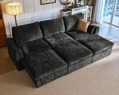 Oversized Modular Sofa Comfy Cloud Couch with Storage, Extra Deep Plush Sectional Sofa Set for Living Room, Covers Washable, Chenille, Olar (Black, 6-Seater with 3 Ottomans, Sleeper)