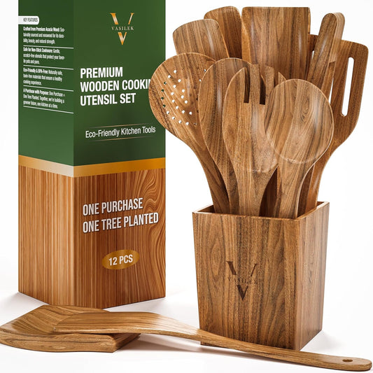 Vasilek Wooden Cooking Utensils Set – 12-Piece Acacia Wood Kitchen Utensil Set with Square Holder & Spoon Rest, Non Toxic Wooden Tools for Nonstick Cookware, Spatula, Ladle, Serving Spoon