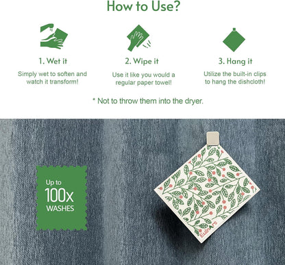 Swedish Dishcloths for Kitchen, 8 Pack Green Reusable Paper Towels with Clips, Non-Scratch Swedish Kitchen Towels, Super Absorbent Cellulose Sponge Cloths, Dishwasher Safe, No Odor