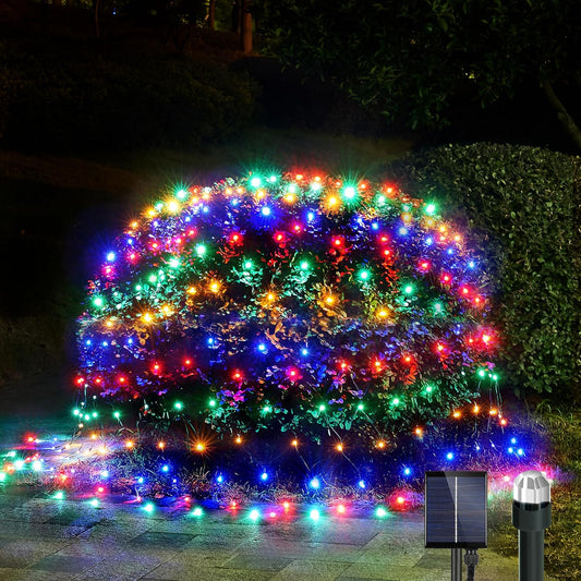 WBao Solar Christmas Lights Outdoor 200LED F8 Big Bulbs, 8.4ft x 5.2ft Christmas Net Lights with Remote Control, 8 Modes, Timer, Waterproof for Lawn, Bushes Outdoor Christmas Decorations, Multicolor