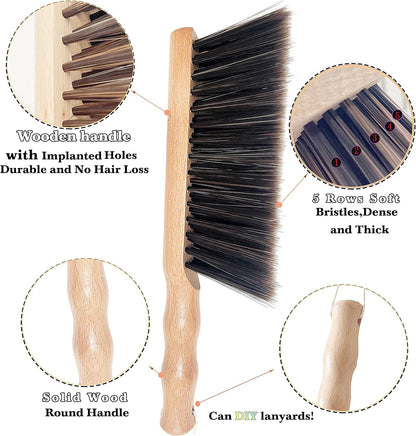 Hand Broom Beech Wood Brush,Dust Brush,Duster for Counter,12inch Foxtail Bench Brush, Round Handle Handheld Brushes,5 Rows Soft Bristles for Bed,Shop Table,Woodworking Cleaning,Car,Sofa,Furniture